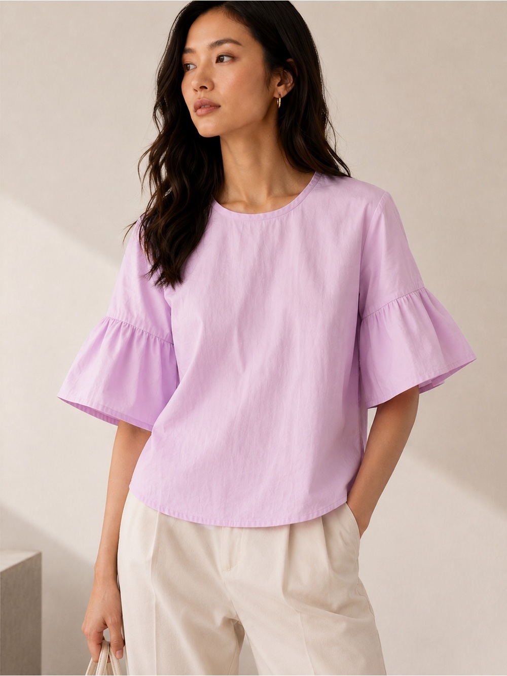 J.Crew Lilac Cotton Poplin Bell Sleeve Button Back Blouse Size 0
